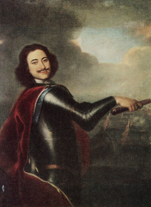 Портрет Петра I на фоне морского сражения. А. Никитин. 1715 г.