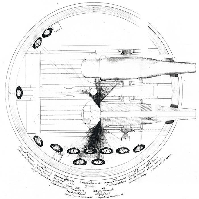 Схема, показывающая расположение матросов в башне монитора «Стрелец» в момент прорыва пороховых газов 10 августа 1876 г. Из фондов РГАВМФ