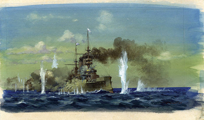 Разрыв японского снаряда, которым был убит контр-адмирал В. К. Витгефт (акварель А. А. Троня)