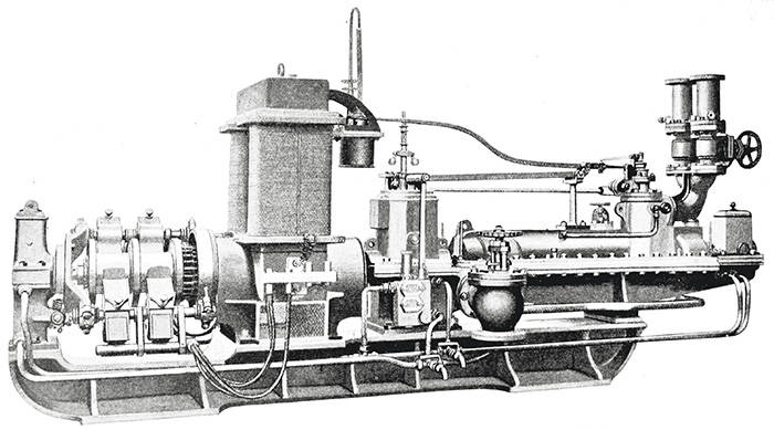 Паротурбинная силовая установка начала XX века с генератором постоянного тока
