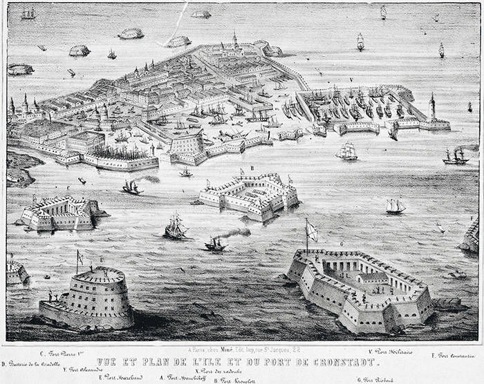 Французская гравюра, изображающая форты южного фарватера. Крайний справа – Император Павел I
